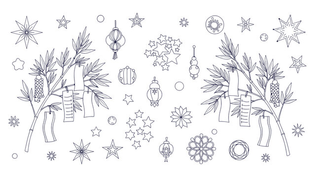 Japanese Tanabata Star Festival Decorations Sketch Outline Background Vector Illustration