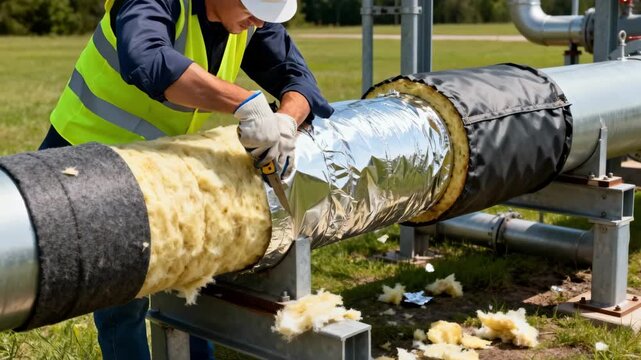 Side view medium shot capturing the process of layering multiple insulation materials around outdoor piping to improve energy efficiency.