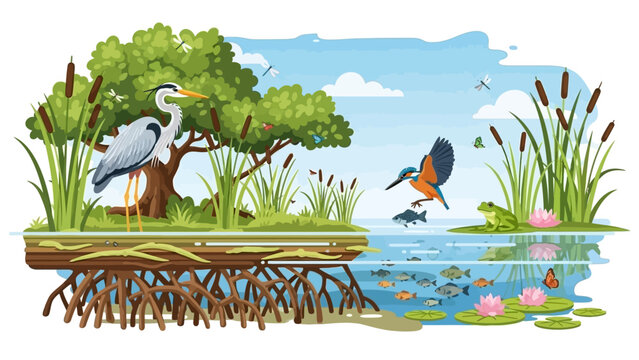 Vector illustration of a heron and birds in a wetland ecosystem with tree, river, and people in the background, celebrating World Wetlands Day and World environment.