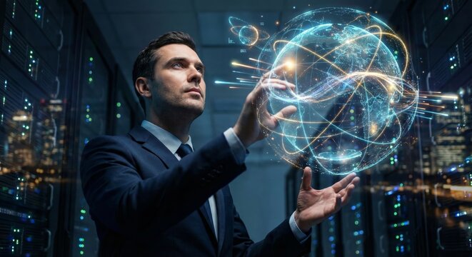 Businessman controls holographic globe in dark server room - Powered by Adobe