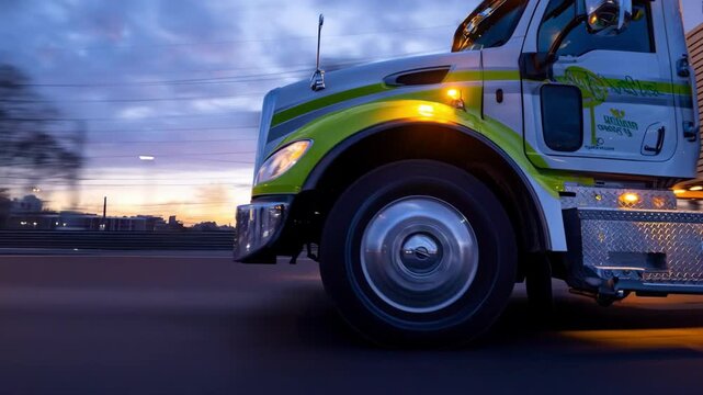 Closeup medium shot of a biodieselfueled tow truck in motion emphasizing sustainable fuel options in modern towing operations.