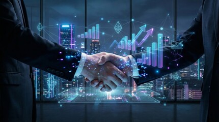 Business handshake with financial growth digital hologram