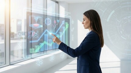 Businesswoman interacting with bioprinting 3d hologram in office