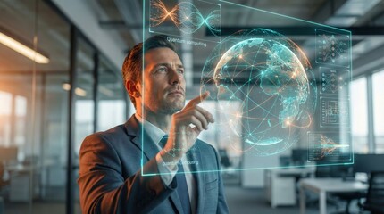 Man interacting with holographic quantum computing interface