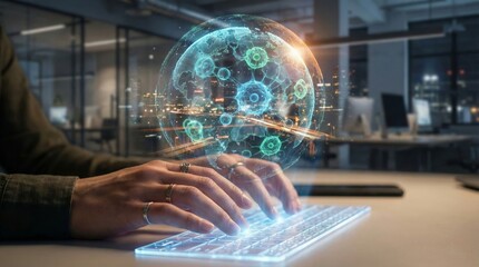 Typing on invisible keyboard with holographic globe display