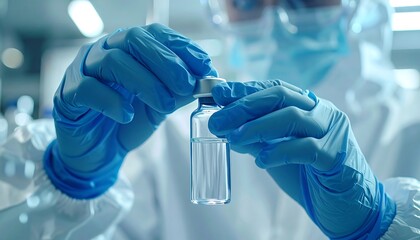 Scientific Precision: A lab technician, meticulously clad in protective gear, delicately handles a vial, capturing the essence of scientific precision, research, and healthcare innovation.