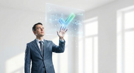 Businessman interacting with digital checkmark on interface