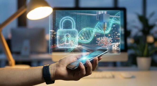 Digital biofabrication on smartphone with data privacy hologram - Powered by Adobe