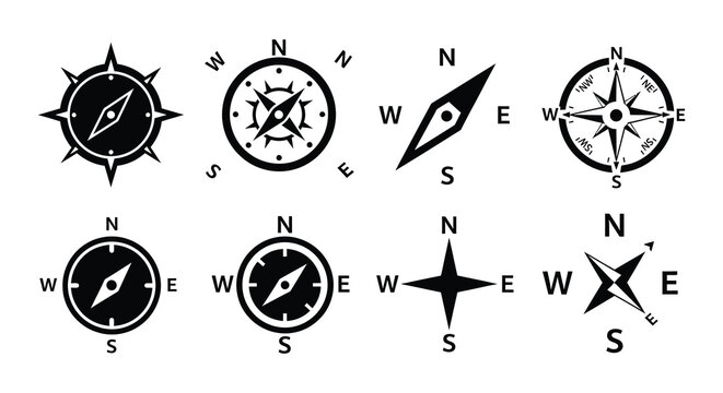 Collection of diverse compass icons and symbols depicting cardinal directions