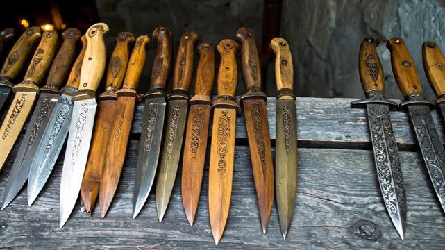 A collection of decorative daggers with wooden handles and ornate blades, displayed on a wooden surface