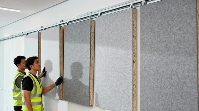Medium shot of workers installing prefabricated acoustic wall panels designed for soundproofing in modern commercial interiors