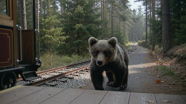 bear walks along forest train track toward camera as vintage train approaches, calm natural scene, static eye level deep focus shot by Generative AI
