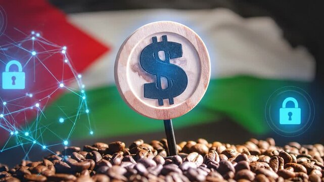 A wooden dollar sign in coffee beans with floating digital padlocks and a flag in the background