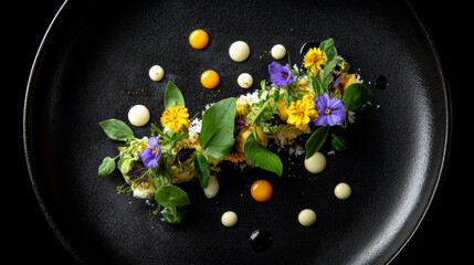 Gourmet Dessert Plating with Edible Flowers and Dark Sauce