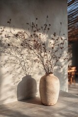 Fototapeta premium Beige speckled ceramic vase with dried twigs on a wooden table, casting a shadow on a pale wall. Concept Minimalist still life, Neutral color palette, Textured ceramic vase, Dried twigs arrangement
