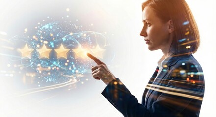 Woman touching 5-star rating with city overlay