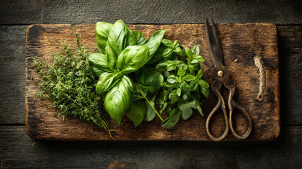 Fresh Culinary Herbs on Rustic Wooden Cutting Board