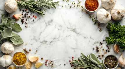 Fresh Herbs, Garlic, and Spices on Marble with Copy Space