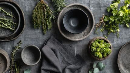 Rustic Kitchen Scene with Fresh Herbs and Ceramic Dishes