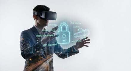 Man wearing vr headset interacting with holographic data