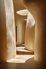 Naklejka premium Sunlit interior with smooth, curved beige walls and pillars, soft shadows on the floor. Concept Sunlit curved beige walls, Sculptural beige pillars, Soft floor shadows, Warm neutral tones