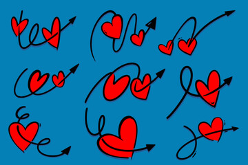 Hand drawn red love hearts with arrows in a playful doodle style on blue background. Ideal for Valentine’s Day, romance themes, greeting cards, posters, stickers, and digital designs.