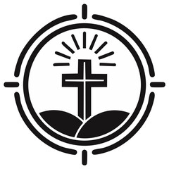 Fototapeta premium Christian Cross Icon on Hills with Sunburst in Circle Symbol Black and White Vector