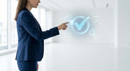 Businesswoman interacting with holographic checkmark in 3d space