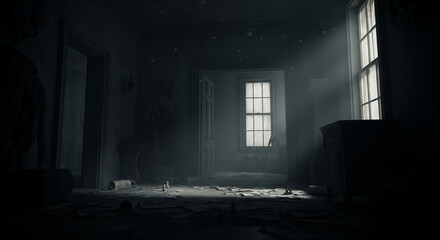 Haunted Room with Sunlight: The atmospheric interior of an old, abandoned room, shafts of sunlight pierce through the dusty air, creating dramatic shadows and highlighting the room's decaying state.