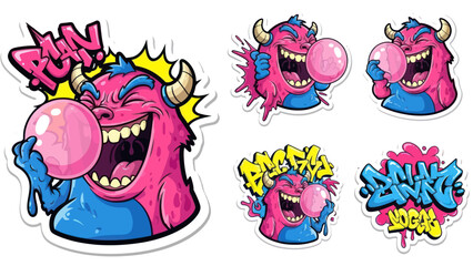 Pink and Blue Monster Character Blowing Bubble Gum Stickers. © conell