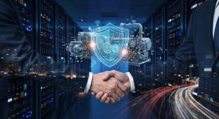 Business handshake securing industrial asset in digital server room