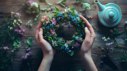 Hands Cradling a Floral Wreath on Wooden Surface
