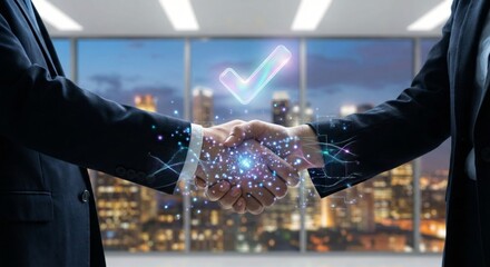 Business handshake with digital sparks and checkmark