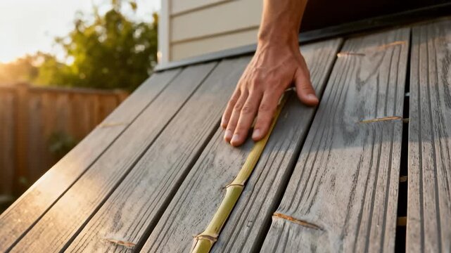 Medium shot of a hand running along textured composite decking showcasing weatherresistant bamboo material in a sunlit backyard setting.