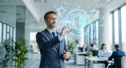 Businessman interacting with futuristic cybersecurity interface in off