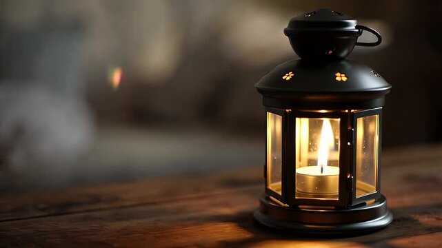 Warm glowing lantern on rustic wooden table casting soft light in cozy scene
