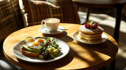 Elegant Breakfast Spread with Pancakes and Coffee