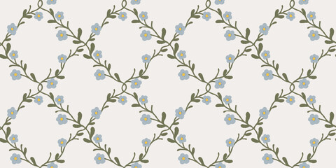 Seamless floral pattern with blue forget-me-not flowers and green vines on a light background. Decorative wrapping paper and textile backgrounds