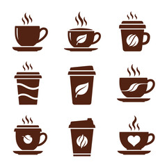 Obraz premium Brown coffee cups and to-go cups with steam and symbols on white background