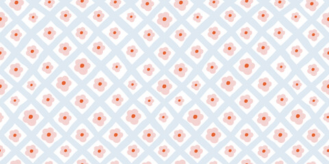 Seamless floral pattern with pink flowers on a light blue geometric grid background. Decorative wrapping paper and textile backgrounds