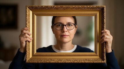 A portrait of a person peering through a golden frame, art and self-expression concept