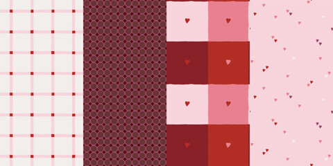 Valentines day seamless pattern collection with hand drawn hearts, gingham checks, and geometric textures in red and pink