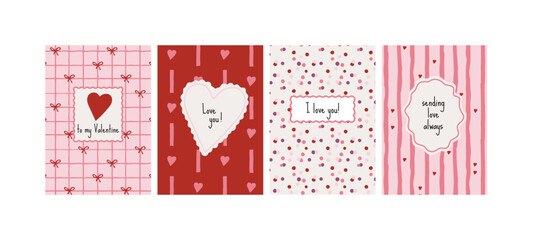 Set of valentines day greeting card collection with pink and purple romantic patterns. Heart frames, and love messages