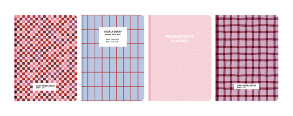 Set of romantic heart pattern notebook, dairy, planner cover designs. Valentine's Day stationery templates with pink and red seamless geometric motifs.