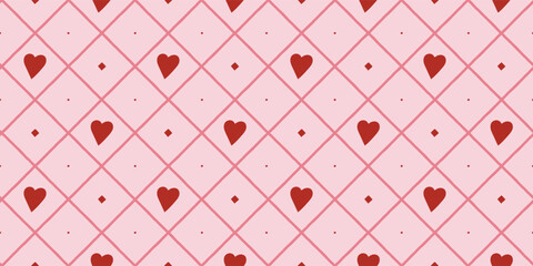 Seamless pattern with pink hand drawn geometric argyle diamond grid pattern with red hearts and dots on light pink background