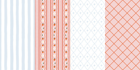 Countryside seamless pattern set with strawberries, flowers, and rustic farm elements in cottagecore aesthetic. Decorative wrapping paper and textile backgrounds