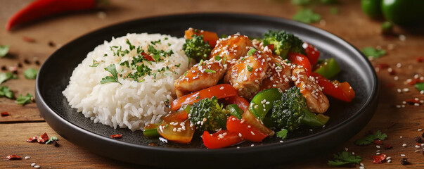 Sweet and Sour Chicken with Rice on a Black Plate