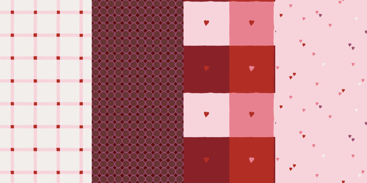 Valentines day seamless pattern collection with hand drawn hearts, gingham checks, and geometric textures in red and pink