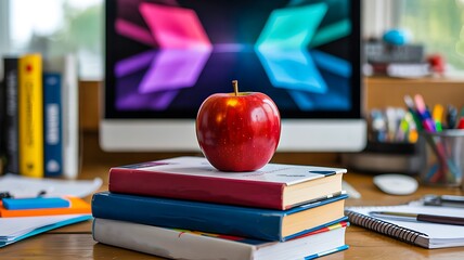 Apple on books with computer on study desk  
