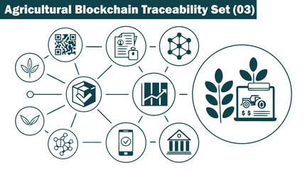 Agricultural blockchain traceability set with connected smart farm diagrams vector illustration. © Hafiz